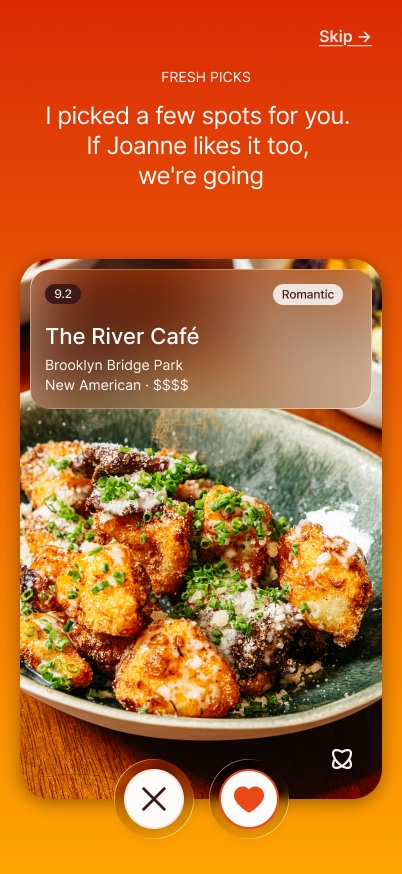 The swipe screen: a date-spot card for The River Café with a 9.2 Emberating, swipe to skip or like.